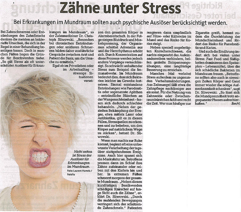 Abgebildeter Artikel darüber, dass Stress Zahnerkrankungen auslösen kann